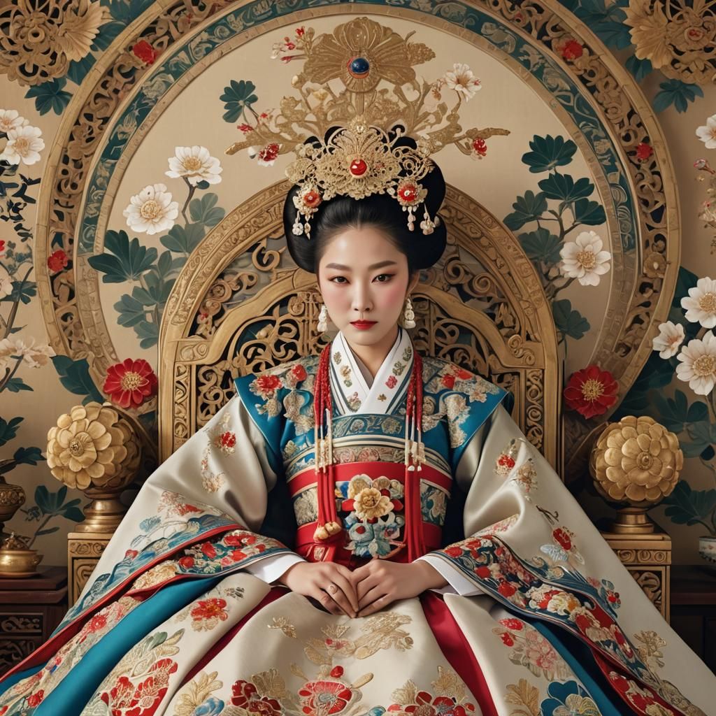 Korean Empress in Hanbok on Royal Throne