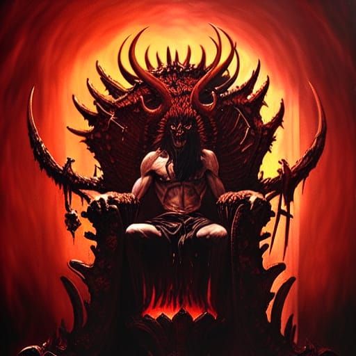 Detailed Satan on Skull Throne in Crimson Flames