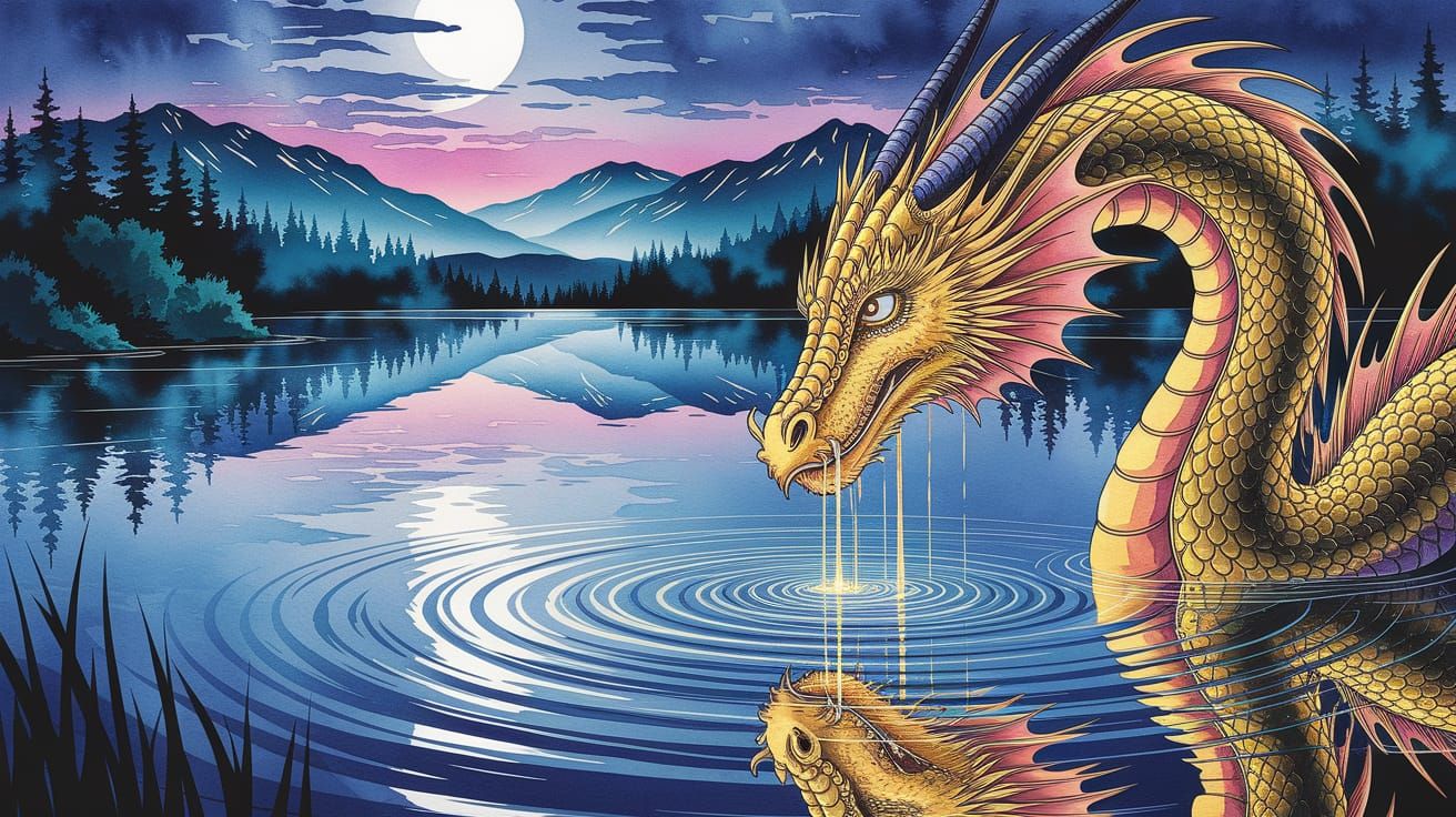 Gold Dragon Weeping Tears at Night in Watercolor