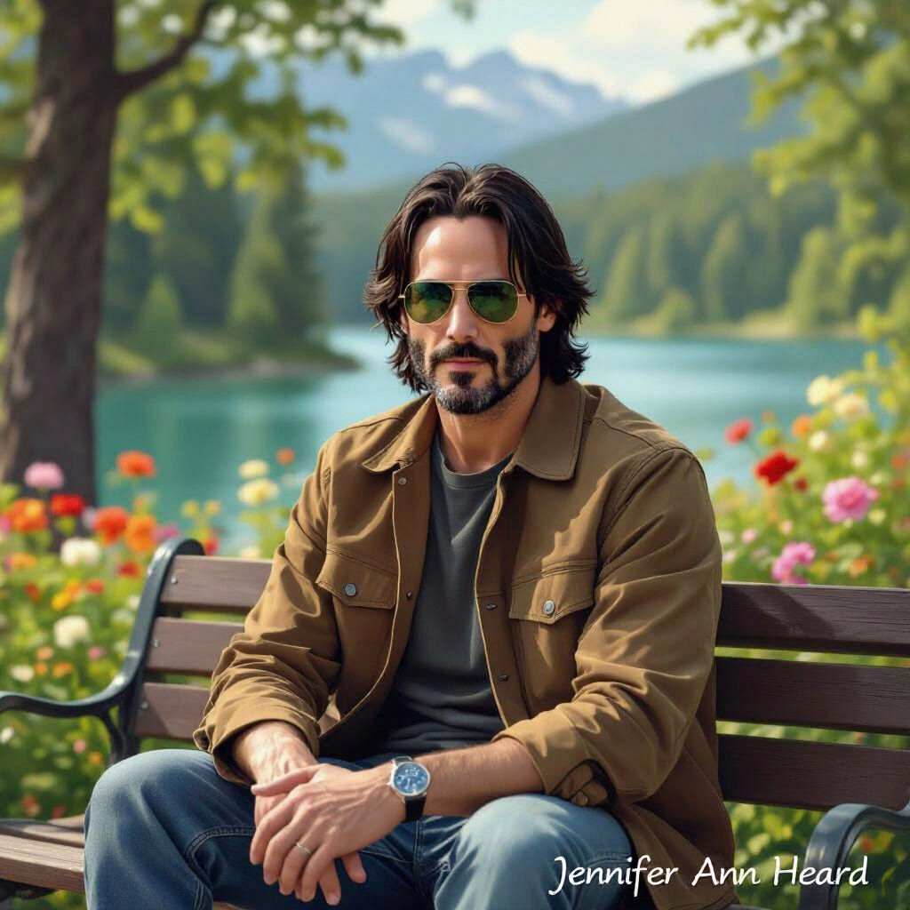 Man on Bench in Park, Digital Landscape Painting