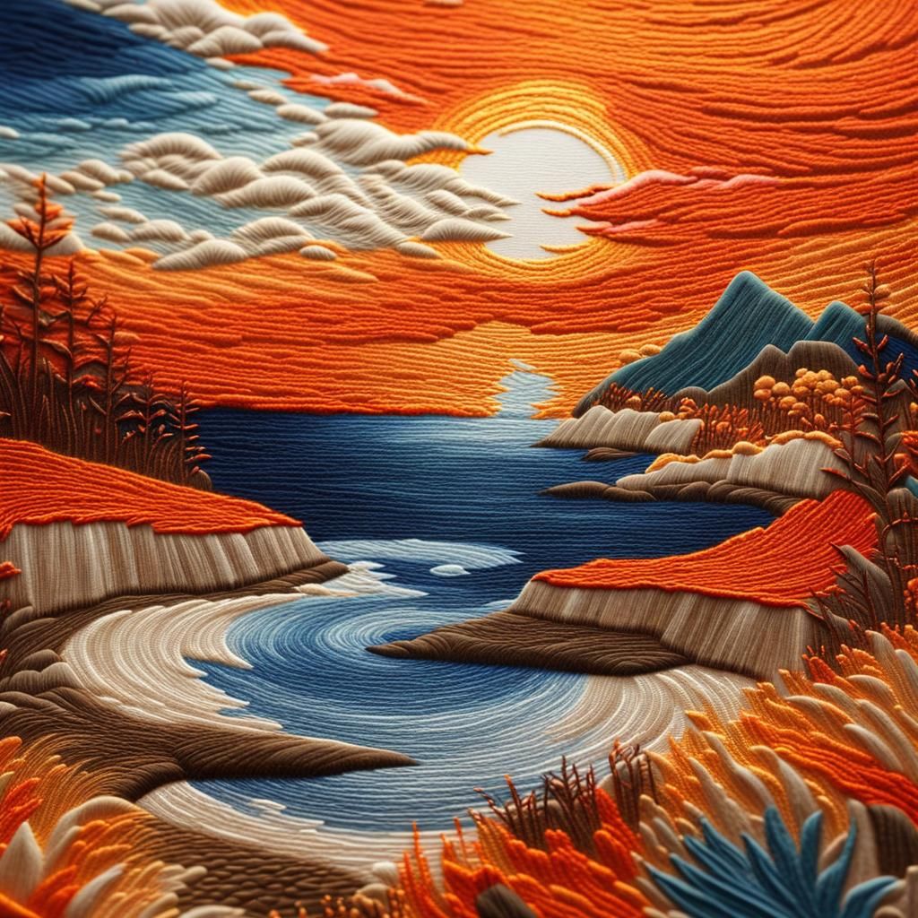 Autumnal Coastal Embroidery Art at Sunset