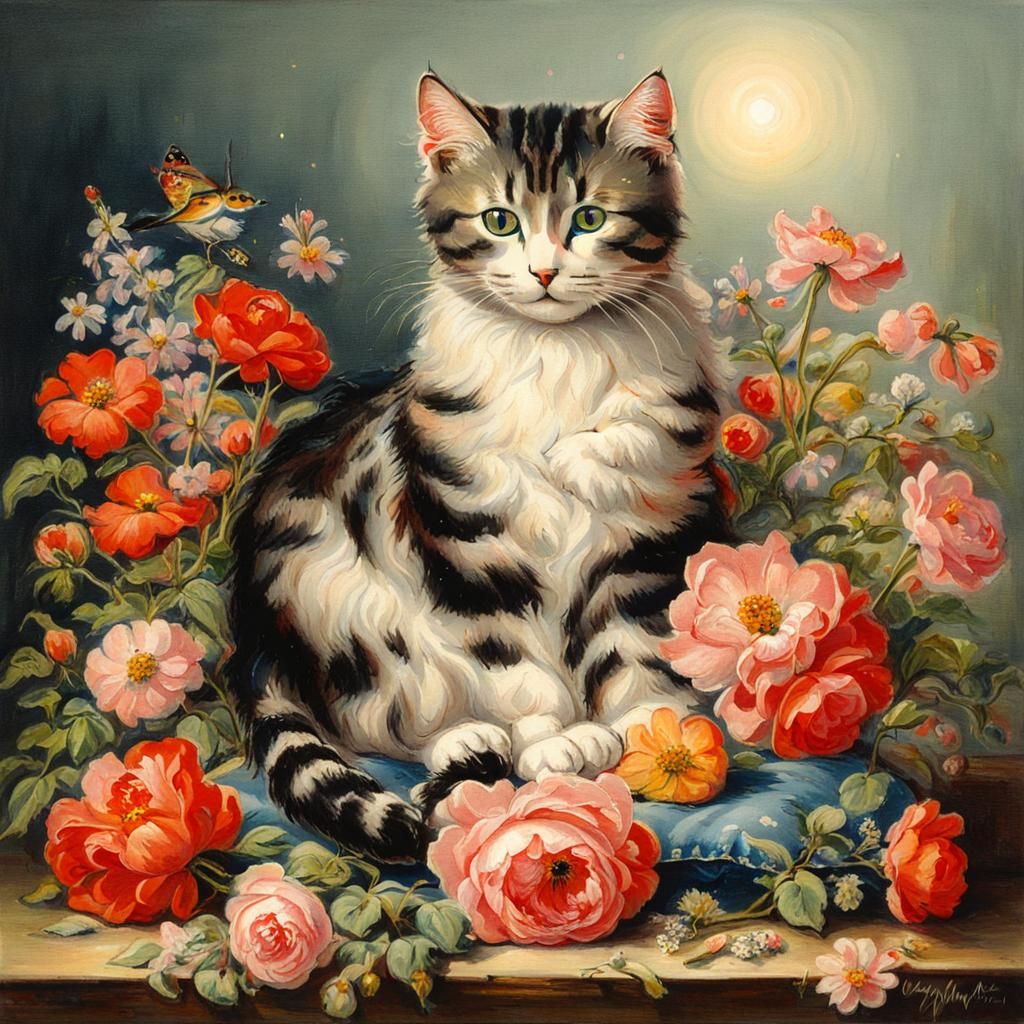 Cat Surrounded by Flowers in Expressionist Style