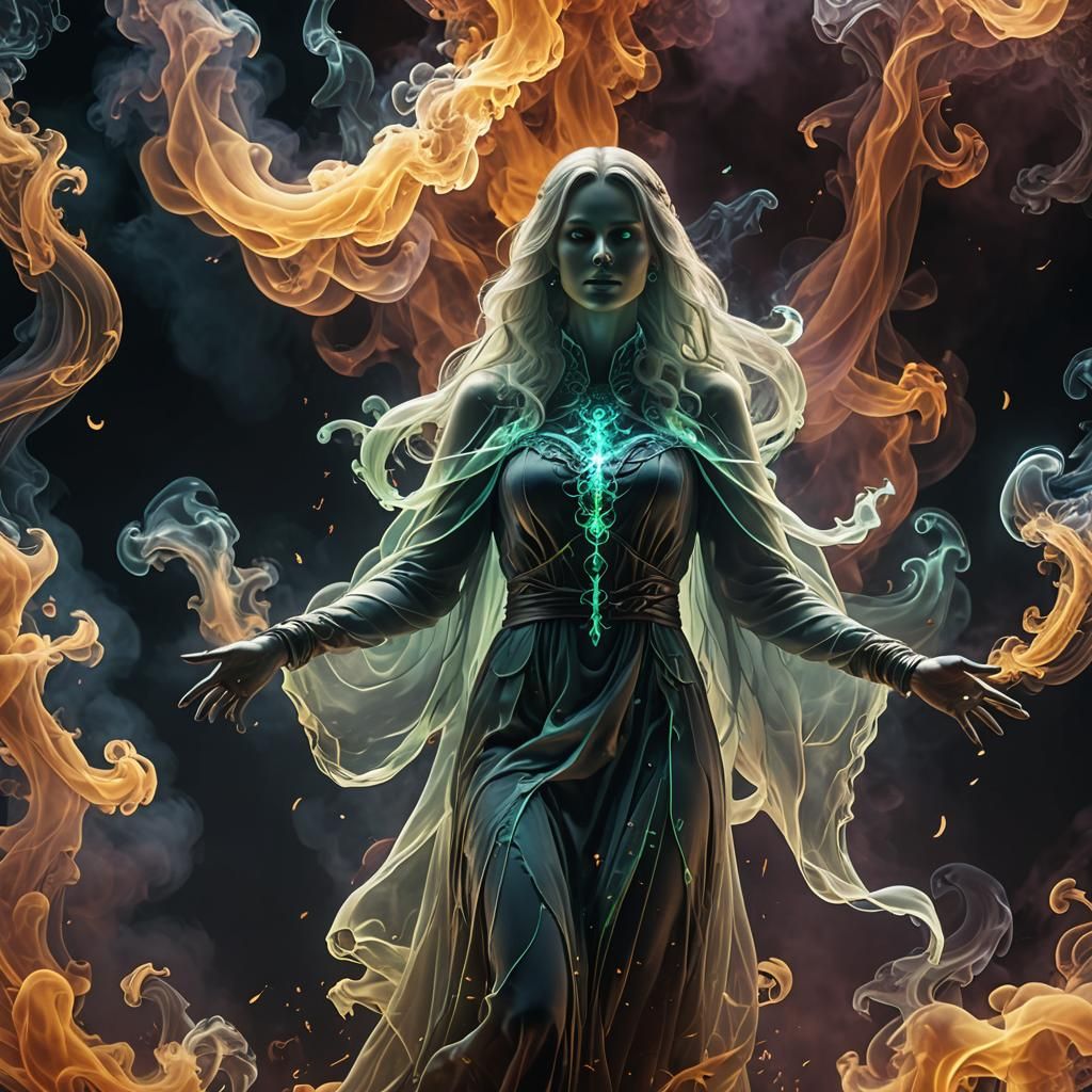 Fluorescent Ghost Woman in Diaphanous Smoke