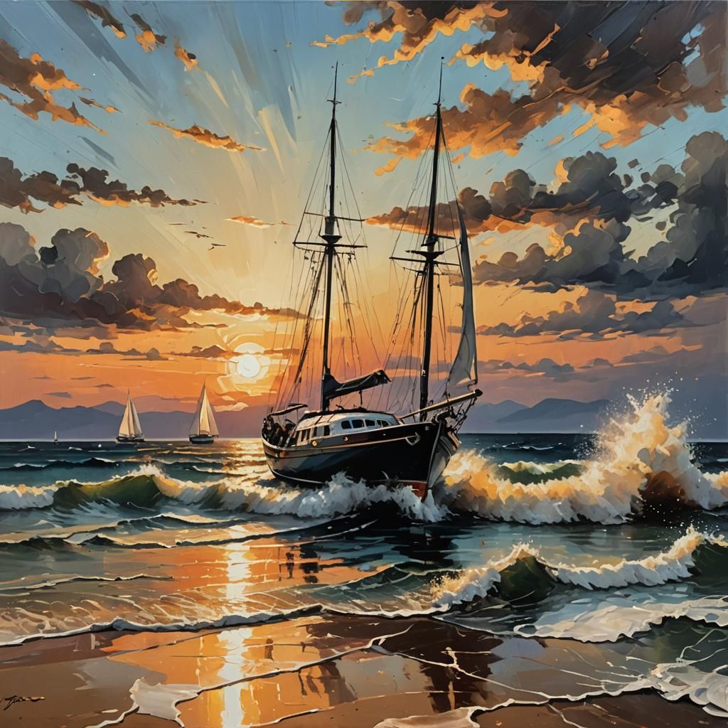 Seascape Sunset: Impressionist Yacht Painting