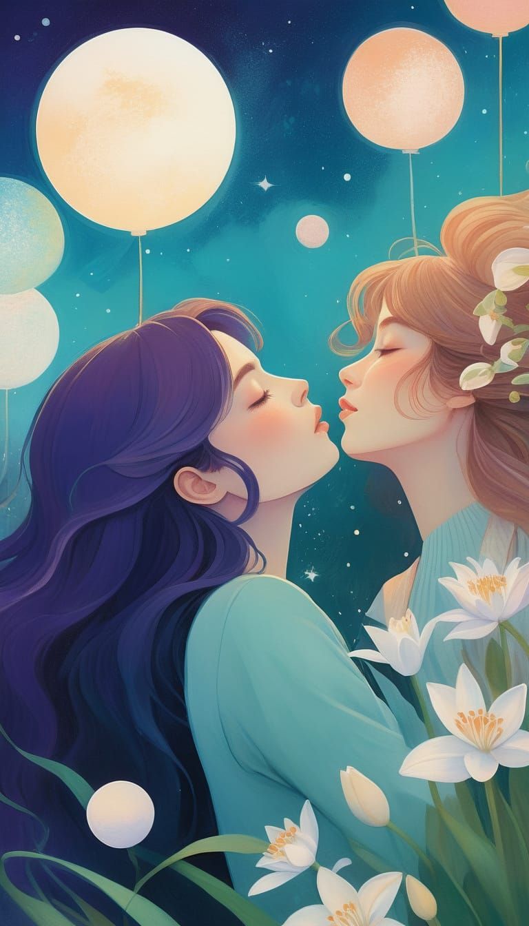 Romantic Kiss Under Twinkling Stars in Pastel Colors