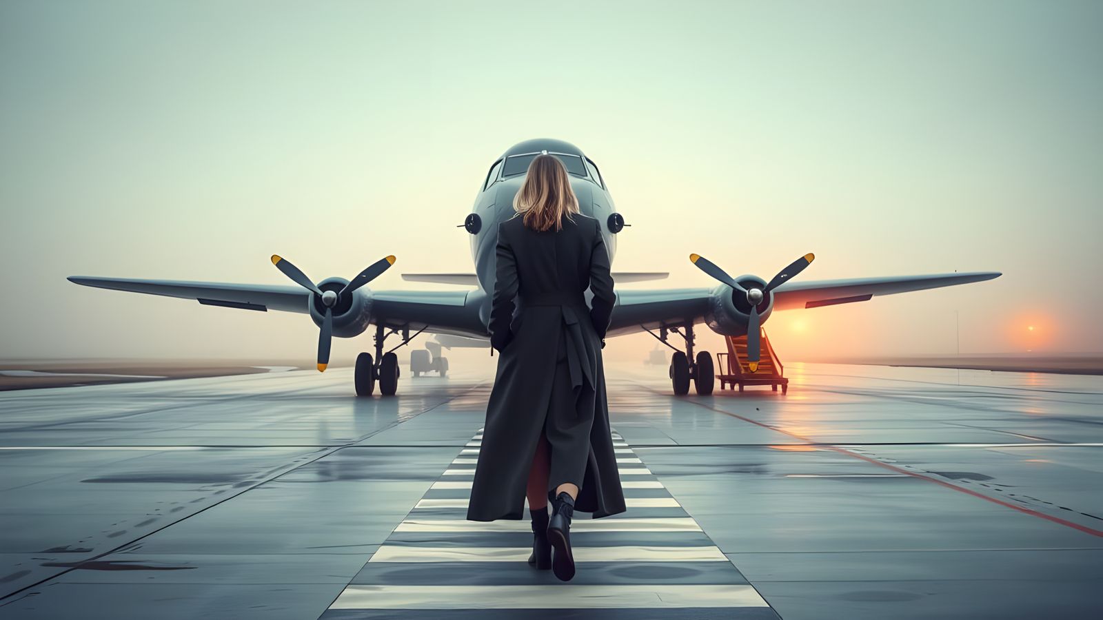 1940s Airport Goodbye: DC-4 in Foggy Dawn