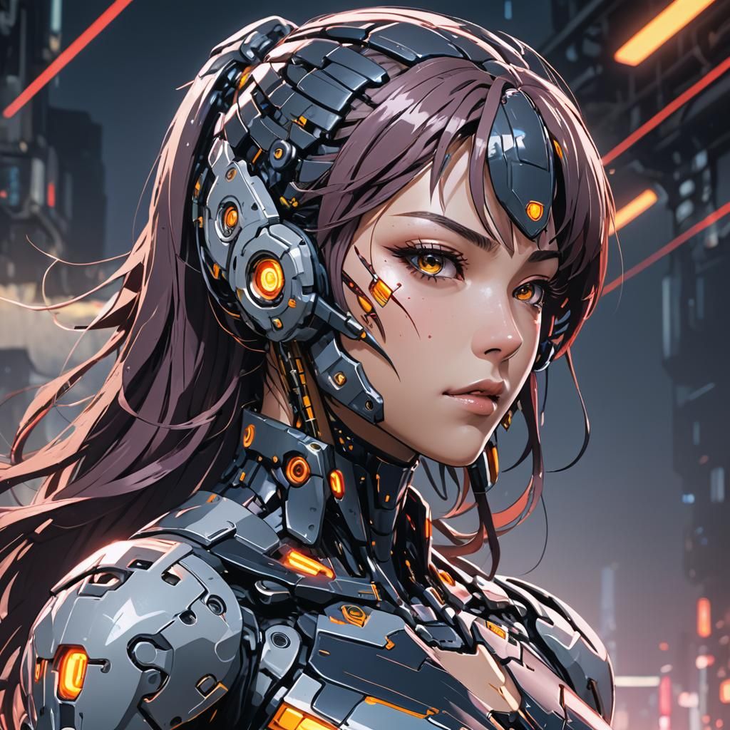 Anime-Style Cyborg Portrait in Cel-Shaded Art