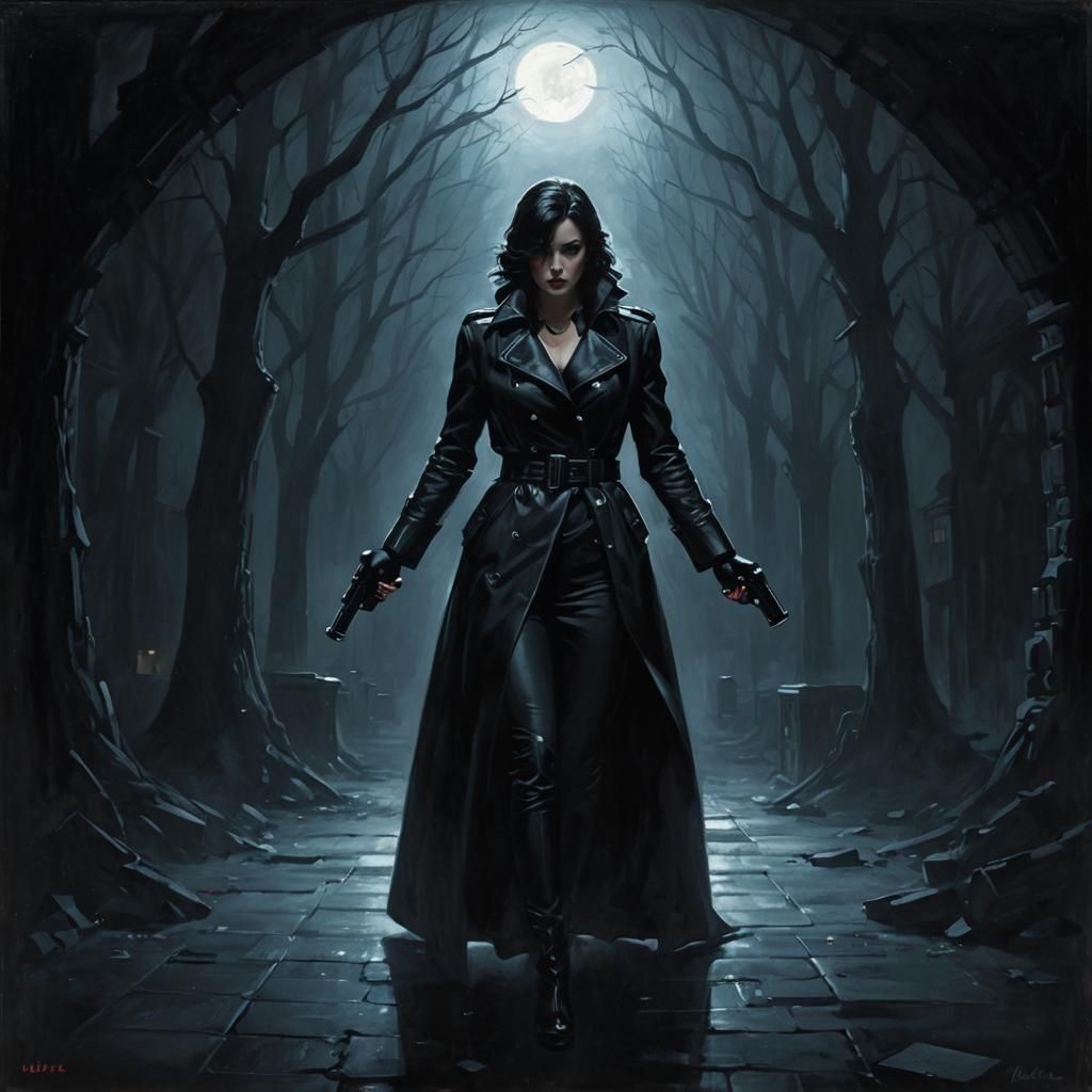 Noir Painting of a Femme Fatale with Gun