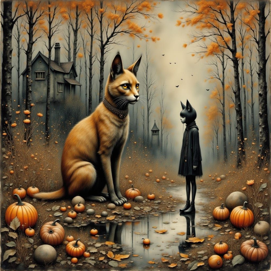 Surreal Cat in Autumn Landscape