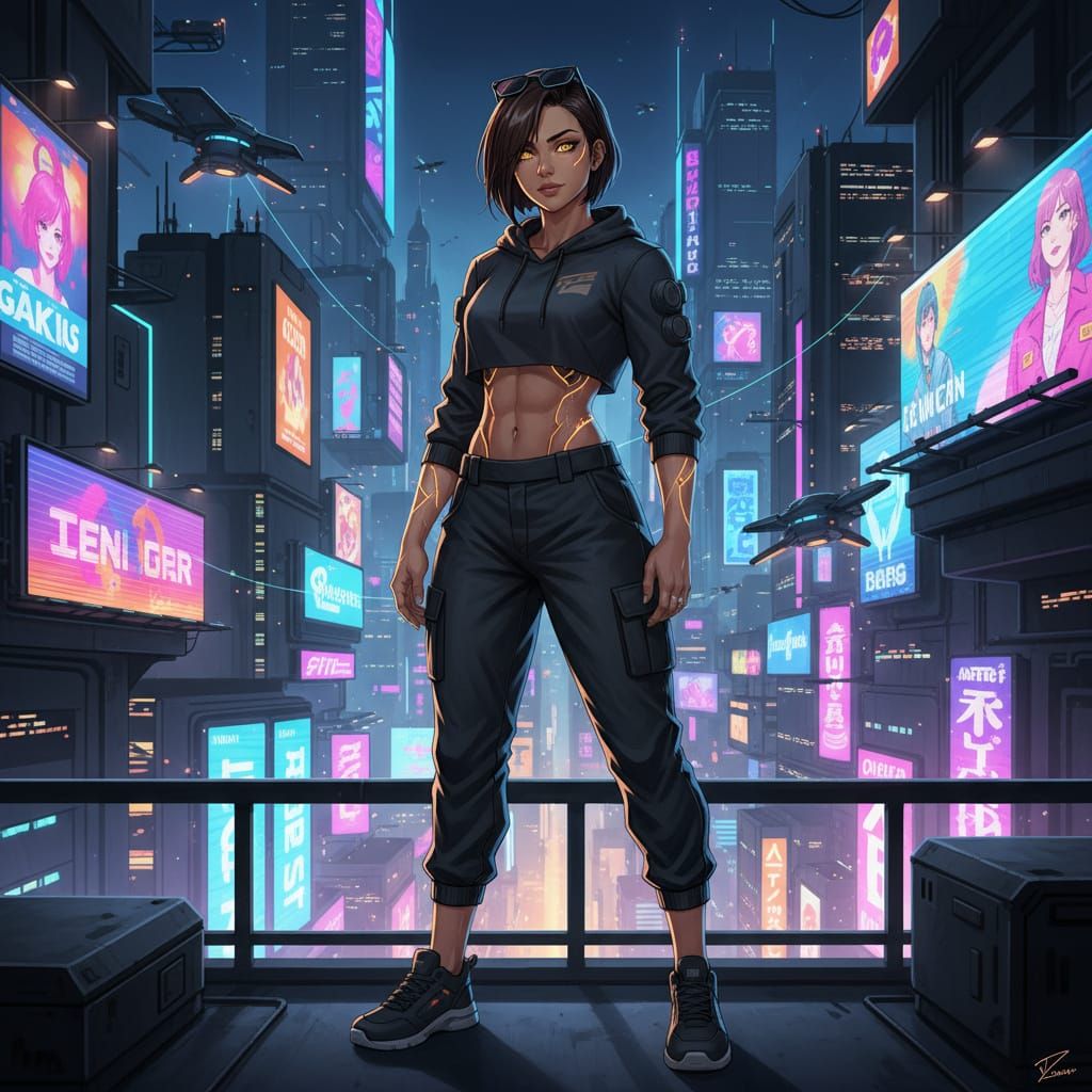 Cyberpunk Anime Heroine Orla on Neon Rooftop