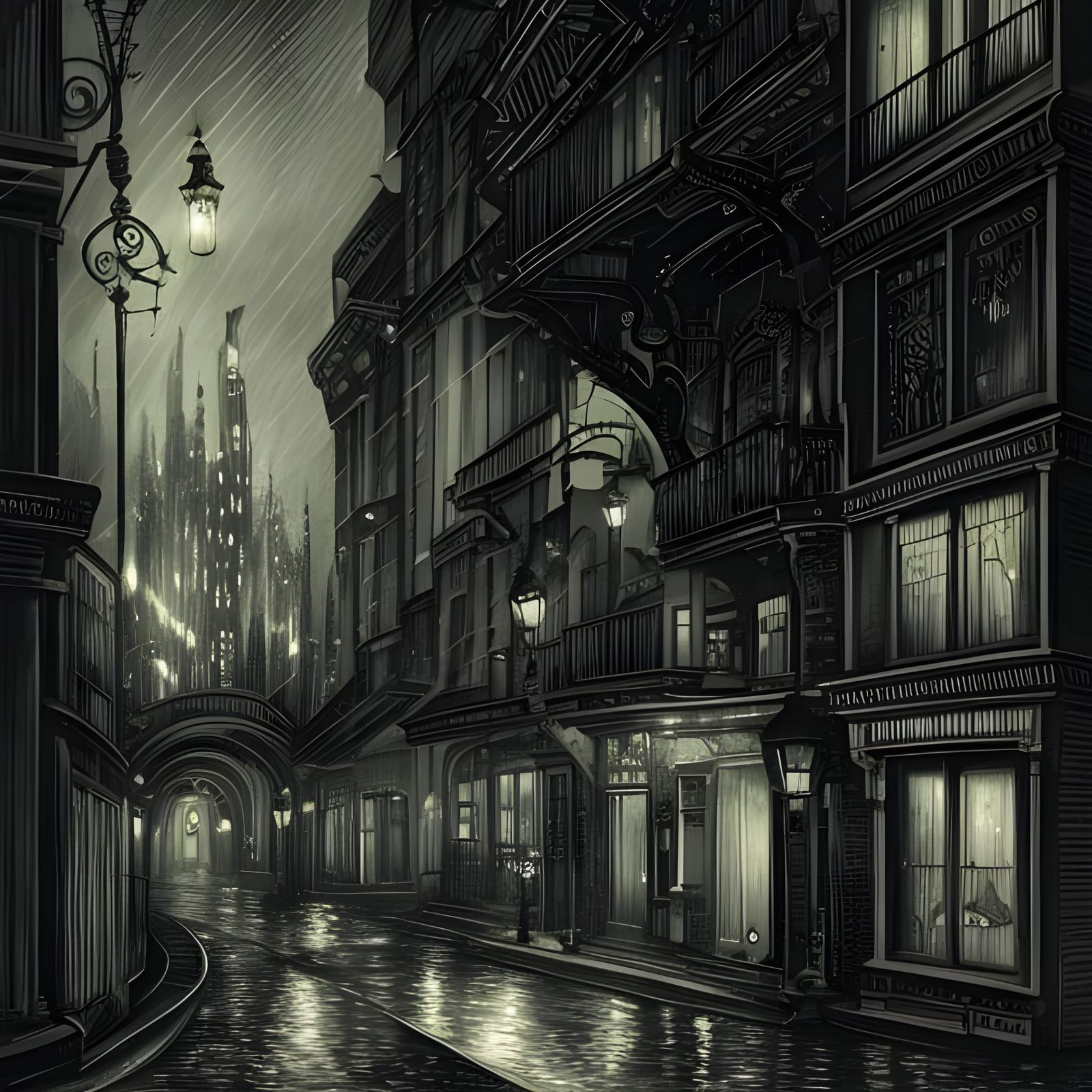 Noir Cityscape with Luminous Crystal Sparkles