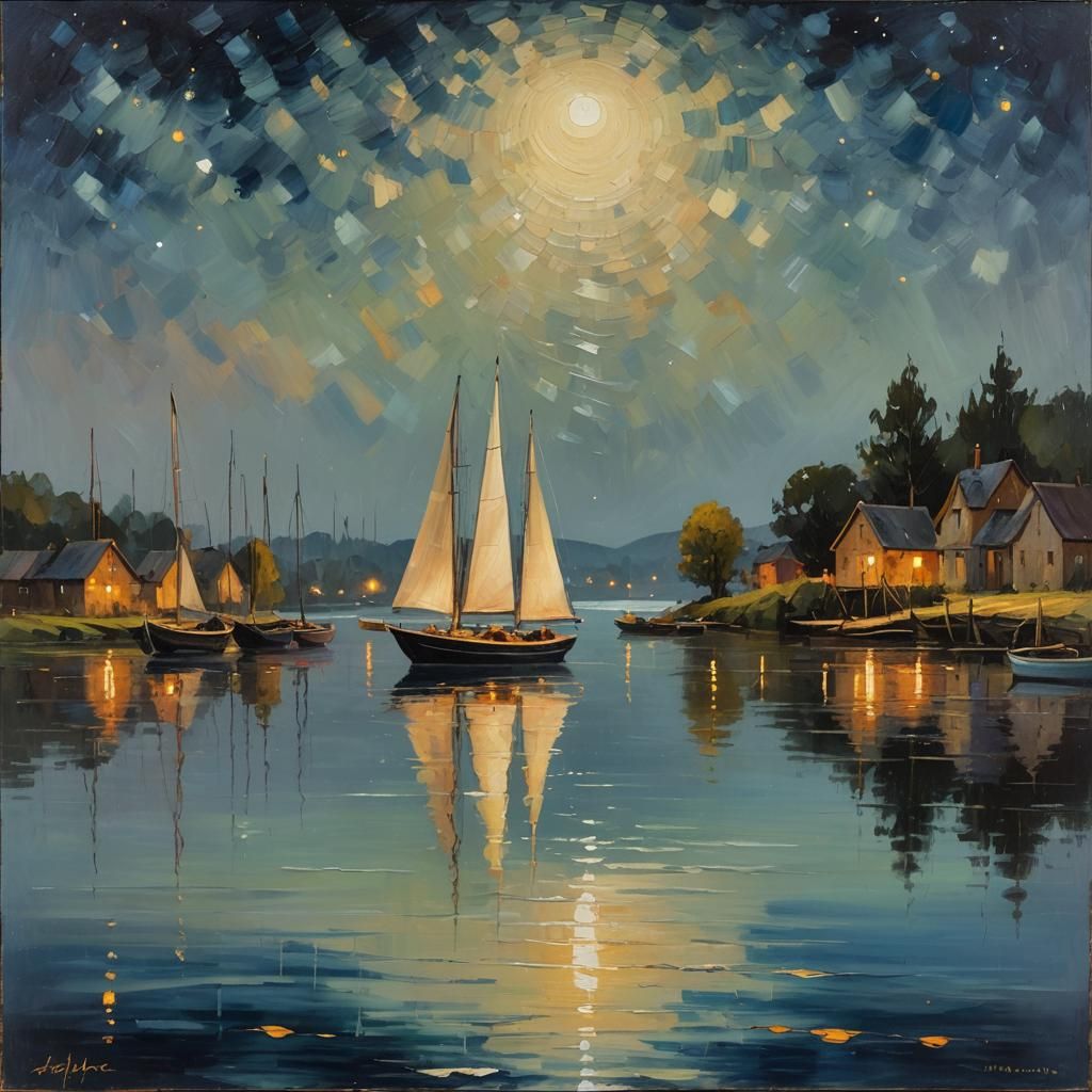 Impressionist Sailboats on Lake Under Starry Night