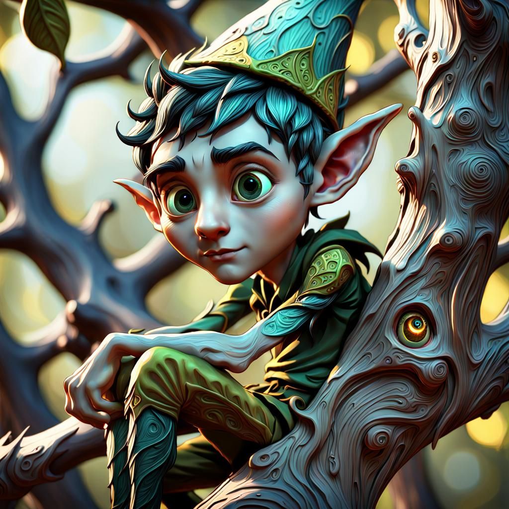 little elf man sitting on the tree branch