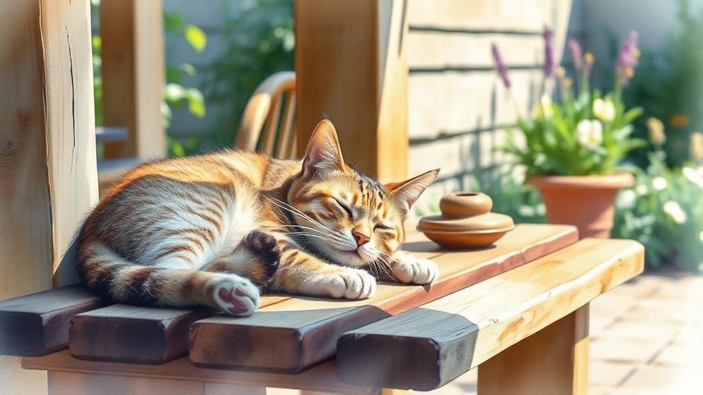 Whimsical Watercolour Cat in Serene Garden Setting