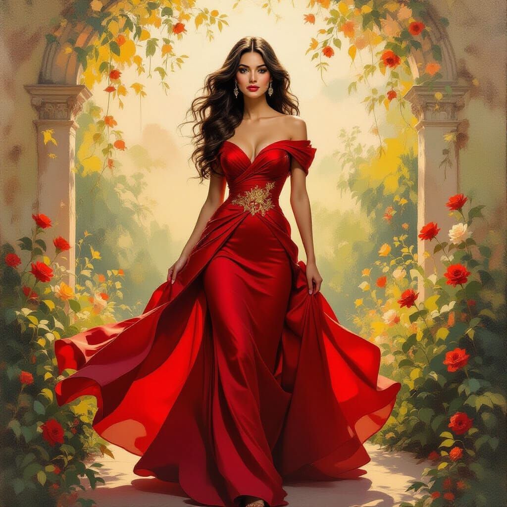 Woman in Red Gown in Dreamy Garden Oil Painting