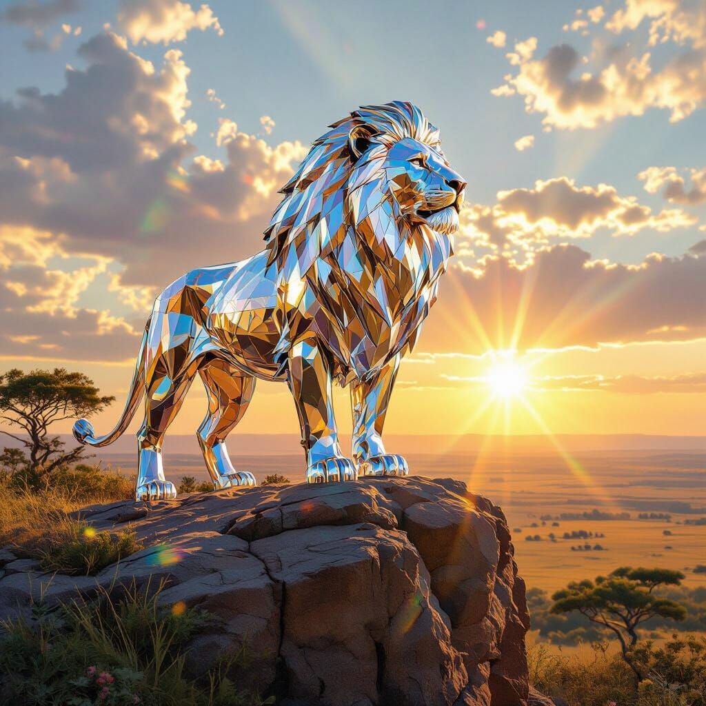 Crystal Lion Overlooking Savanna, Hyperrealistic Art