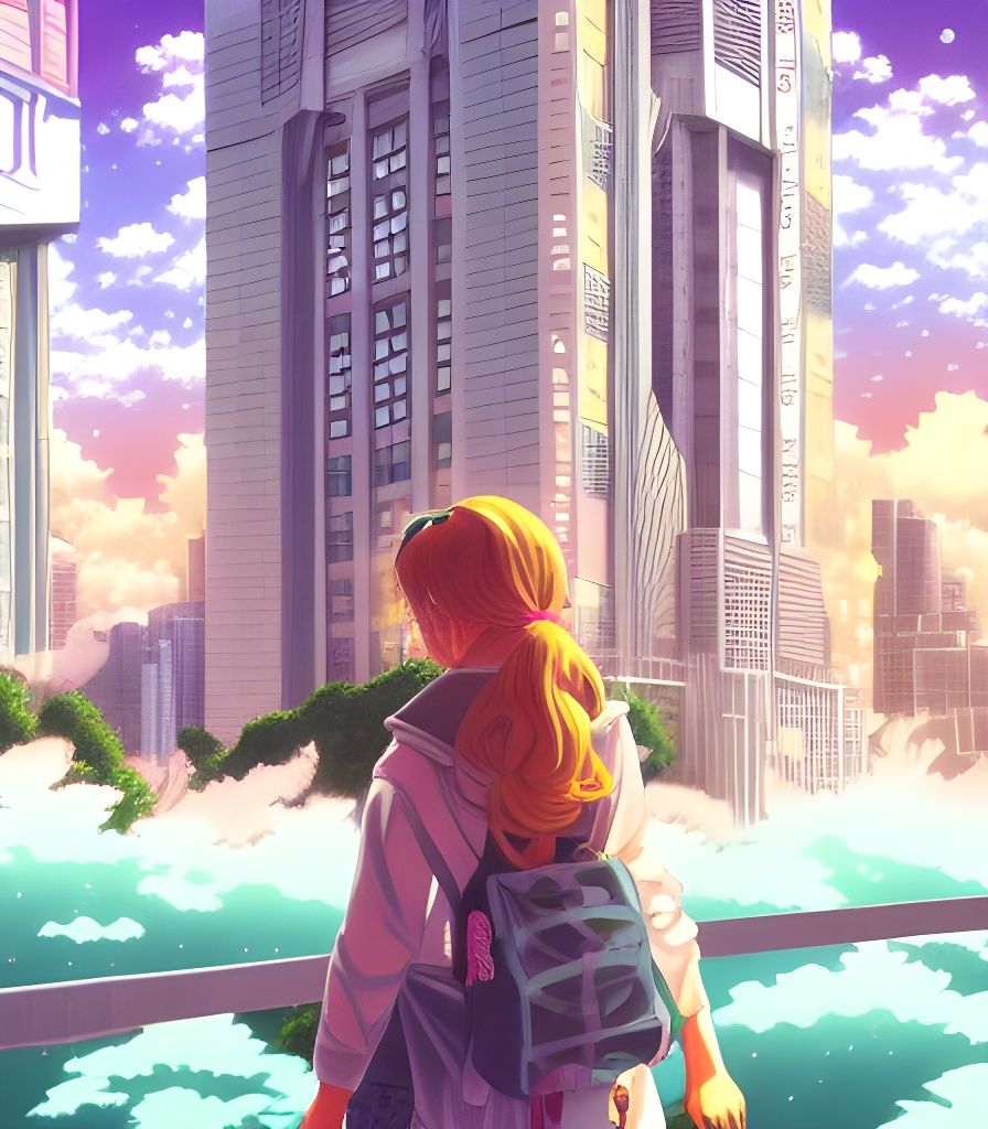 Anime Cityscape Digital Painting in Vaporwave Style