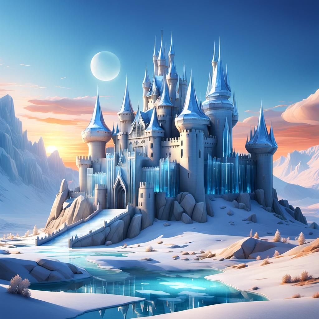 the big futuristic castle is made of crystal, ice peaks shape design by frank gehry, fantasy illustration, desert landsc...