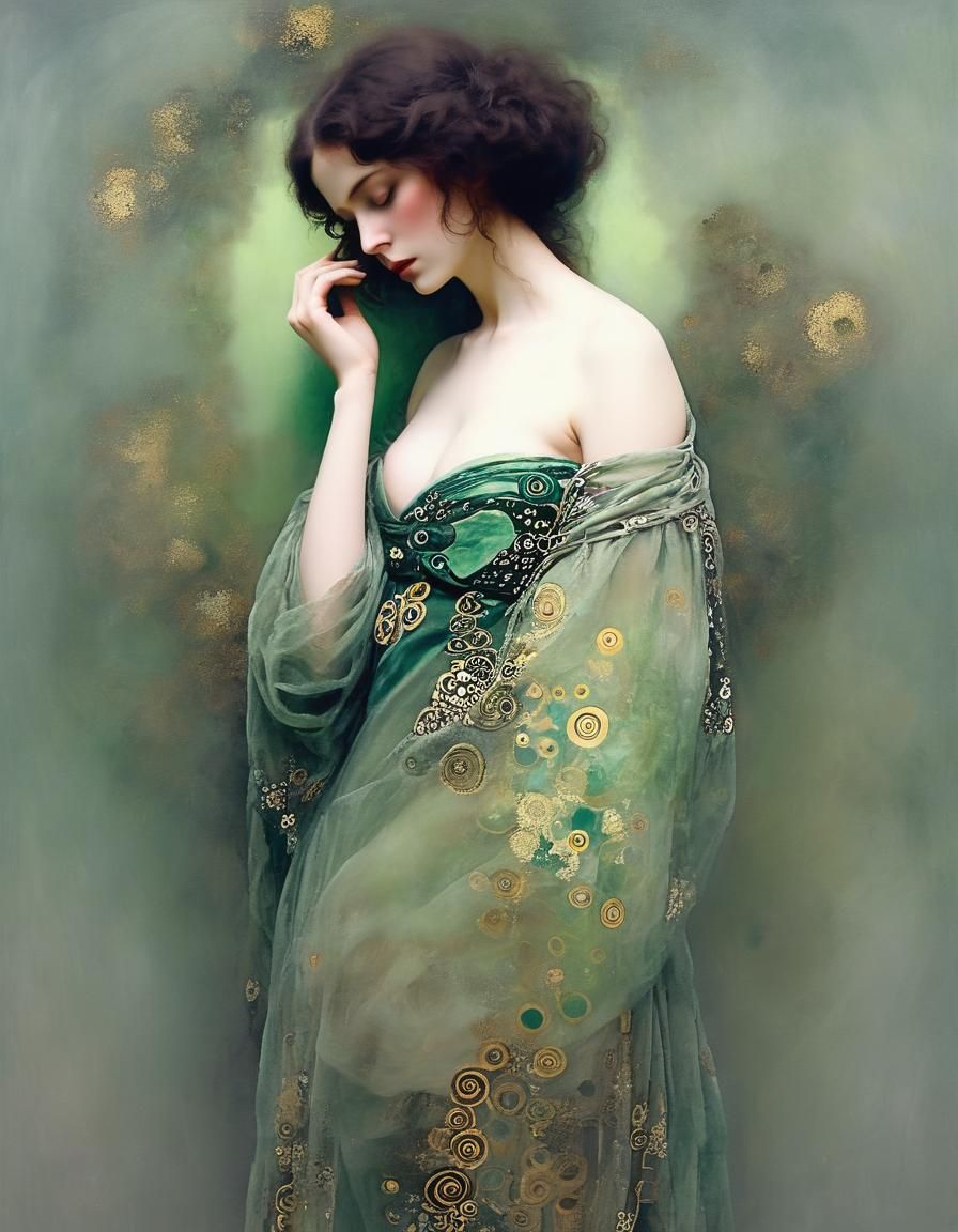 Austrian Mist Green Figure in Klimt-Royo Style