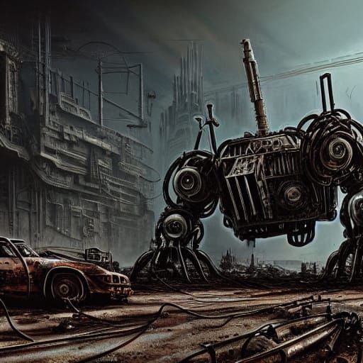 Rusted Giant Robot in a Post-Apocalyptic Dystopian Landscape