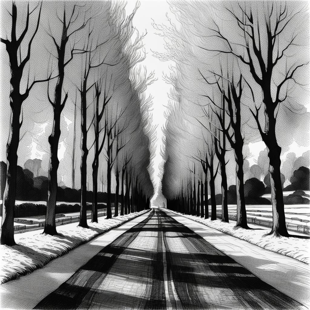 Trees Separate Modern Highway and Country Lane