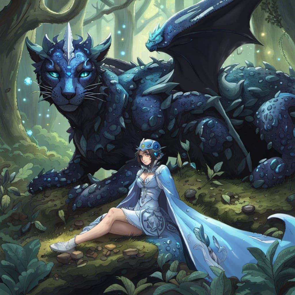 Anthro Jaguar Girl with Dragon Wings in Forest