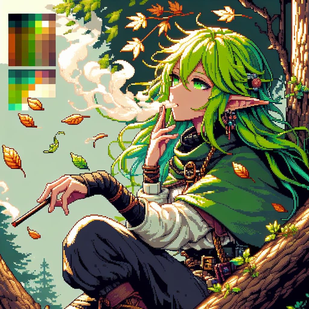 Anime Elf Girl Smoking: Pixel Art in Autumn Wind