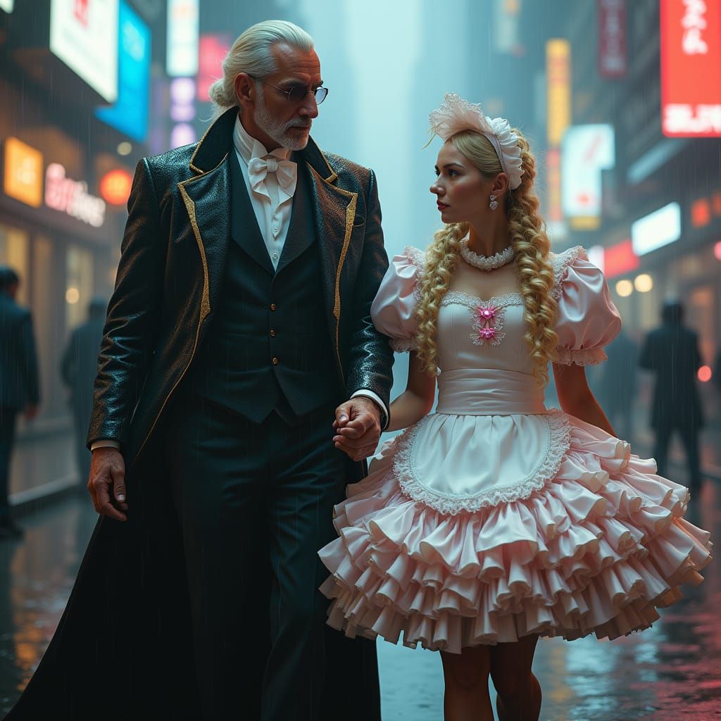 Cyberpunk Lord and French Maid Stroll Through Futuristic Cit...
