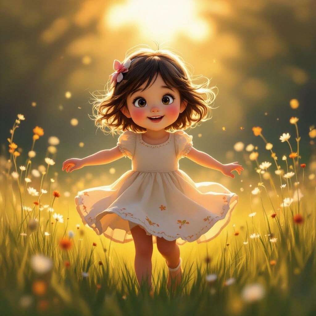 Joyful Girl Dancing in Sunlit Meadow Storybook Style