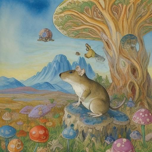 Doodle Mouse Awaiting Sunrise in Folk Art Style