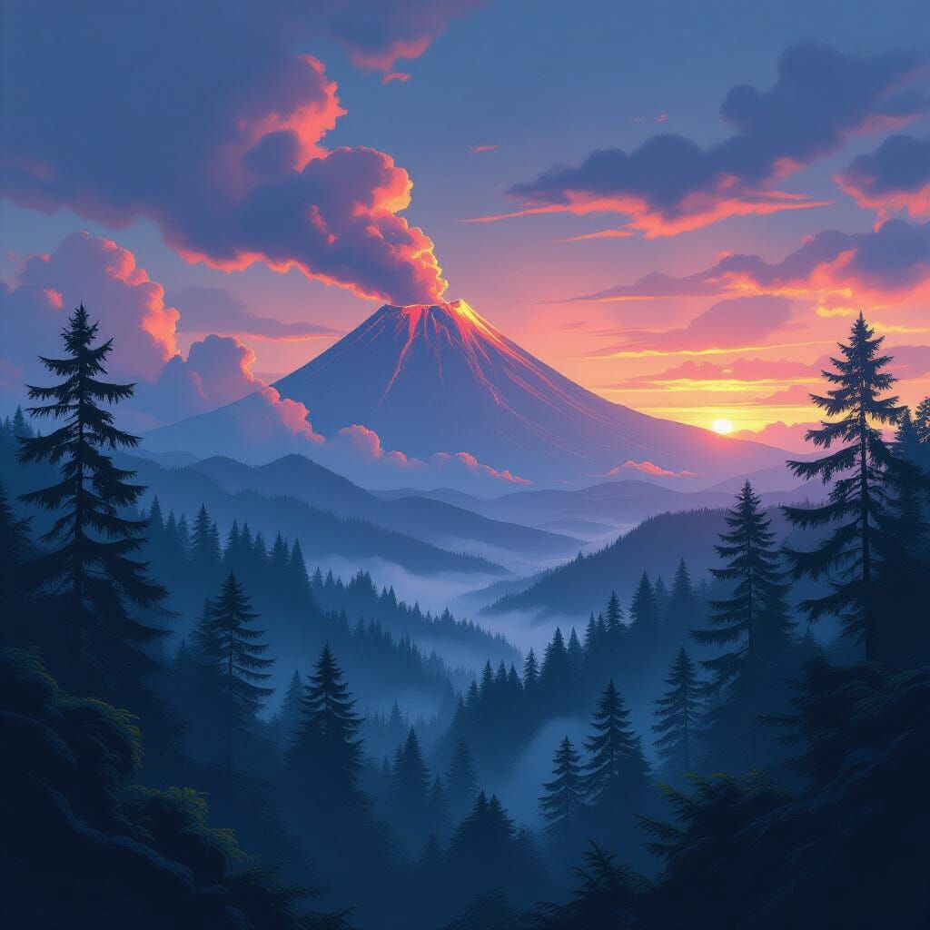 Prehistoric Forest Landscape with Volcanoes