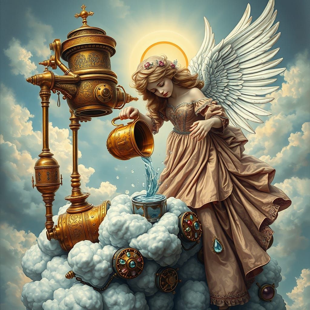 Steampunk Cloud Machine with Angel in Mosaic Style