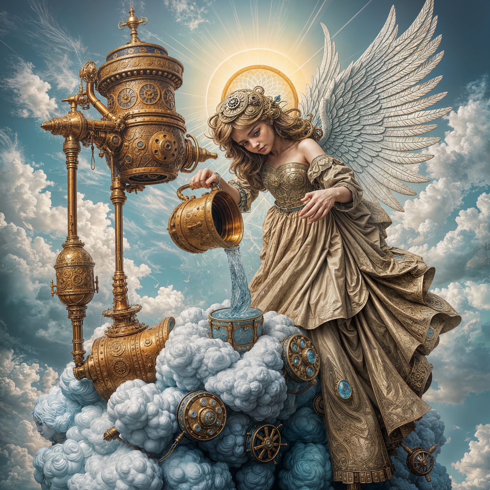Steampunk Cloud Machine with Angel in Mosaic Style