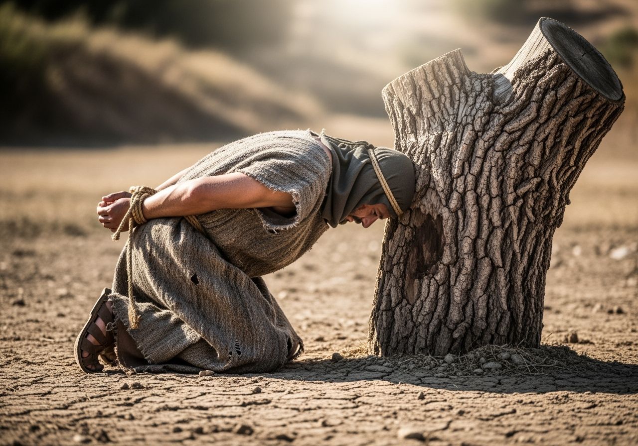 Bound Peasant Submits Before a Cut Tree