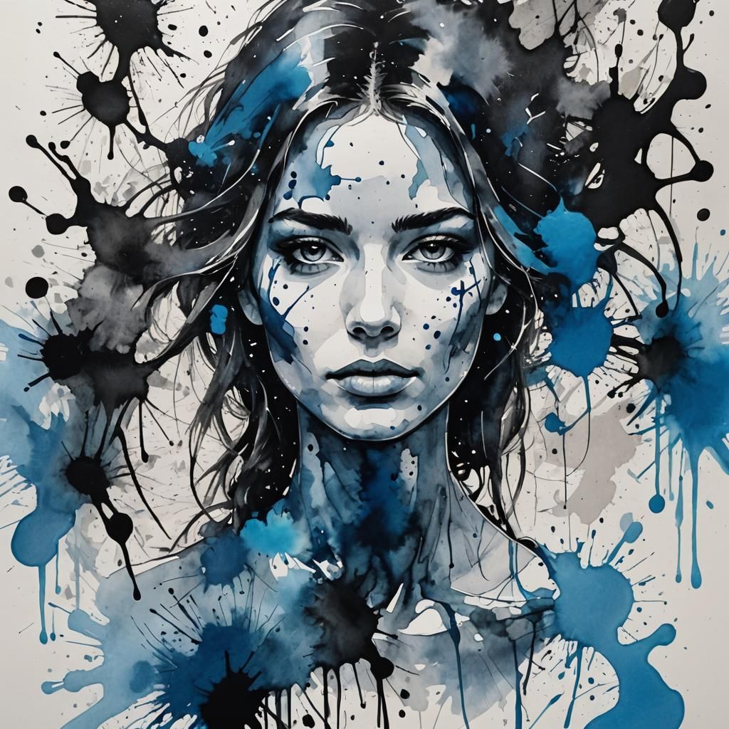 Ink Splatter Portrait of a Woman in Black and Blue