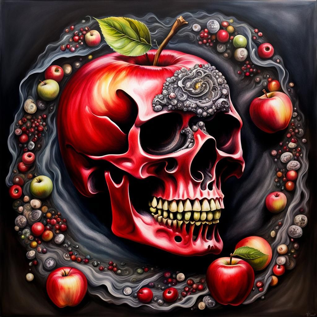 Giant Apple Beside Medieval Skull in Surreal Style