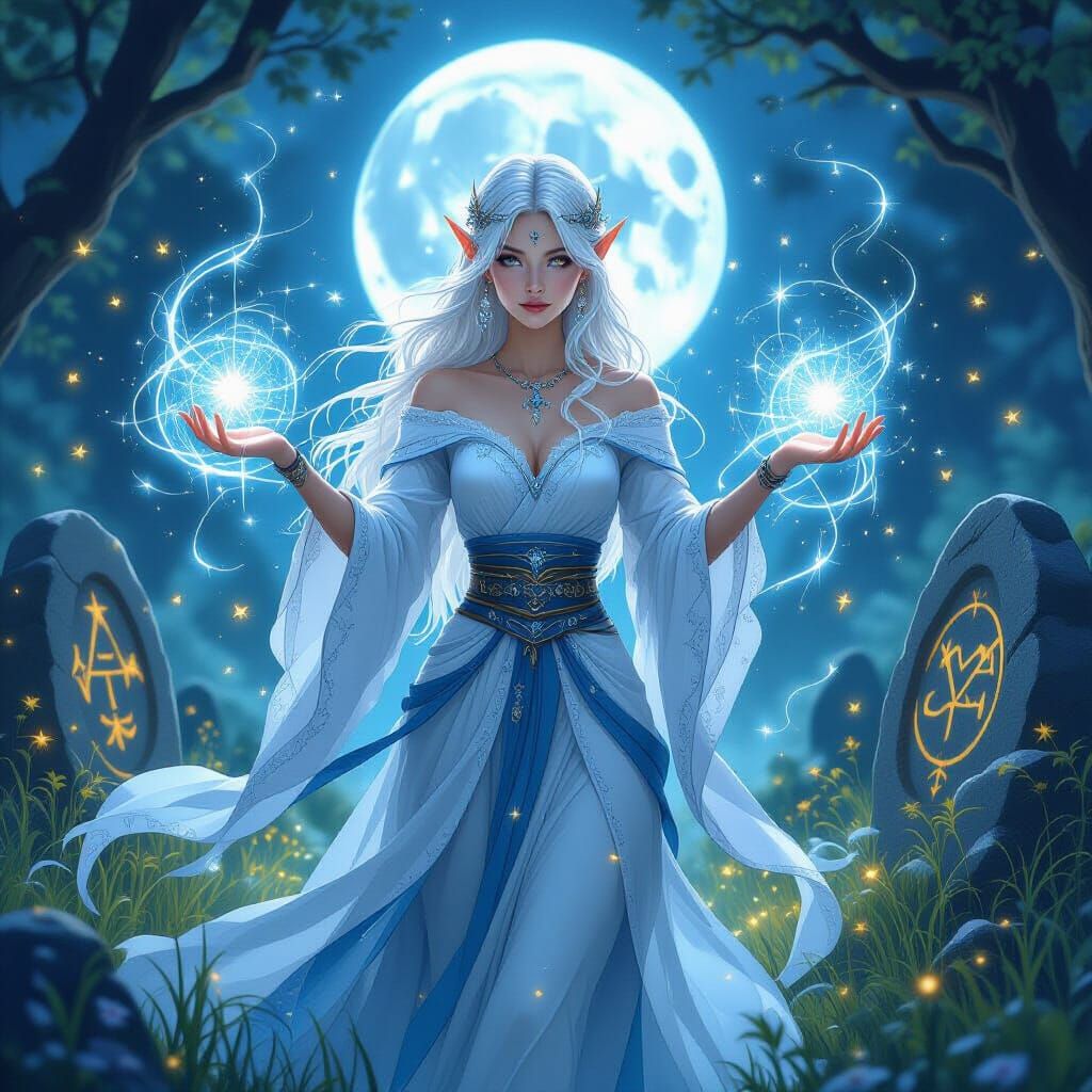 Elven Enchantress Weaving Starlight Magic as Alcohol Ink Art