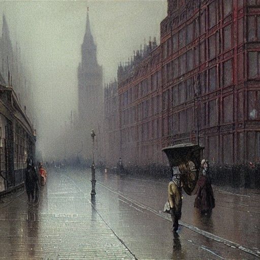 Misty London Street in 1880s Oil Painting Style