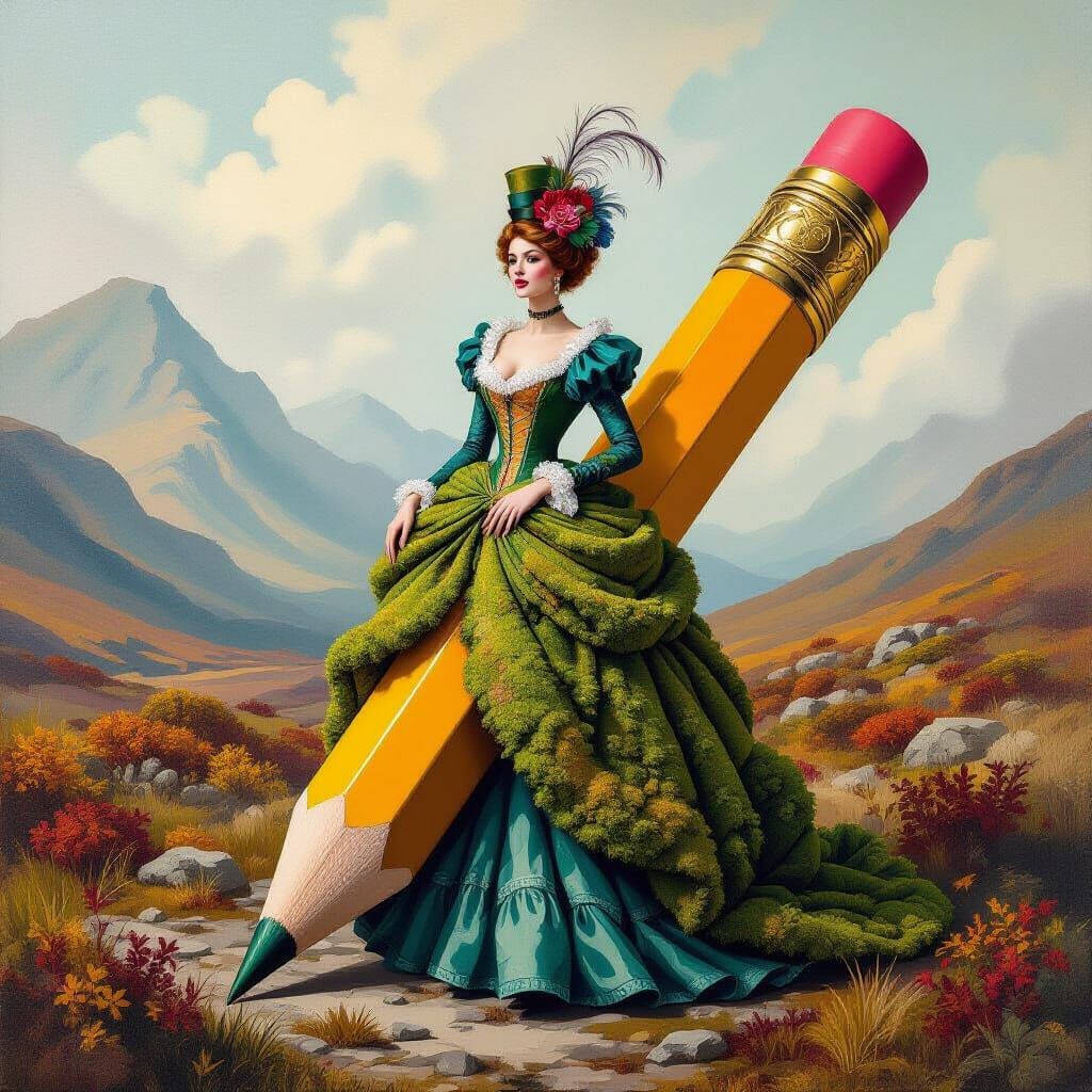 Fashionista Emerging from Giant Moss Pencil in Scottish Autu...