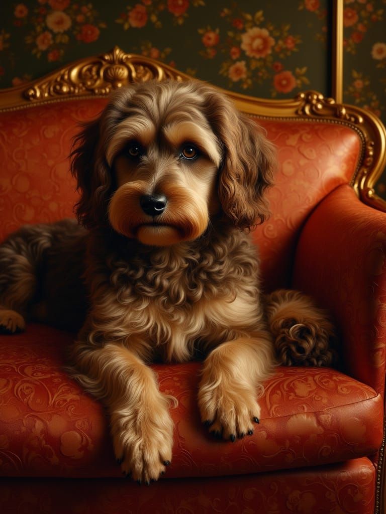 Pampered Dog Lounging in Opulent, Museum-Quality Style