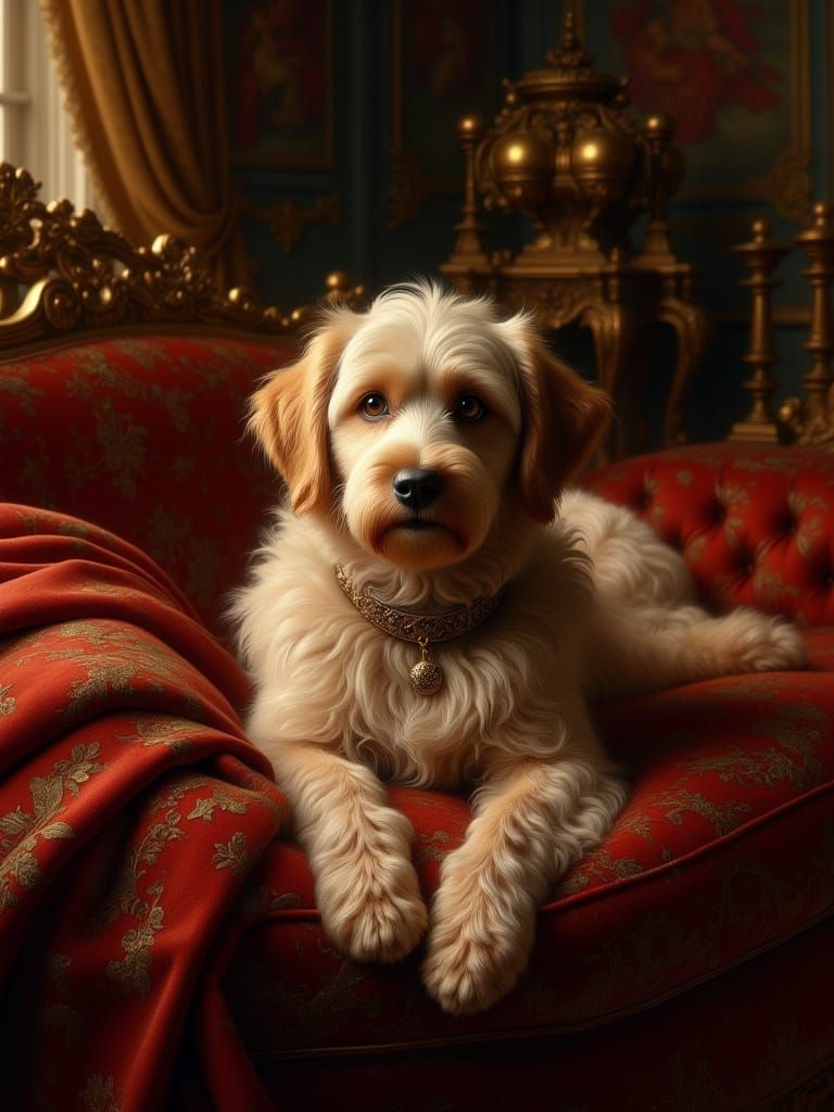 Pampered Dog in Opulent Rembrandt-Style Setting