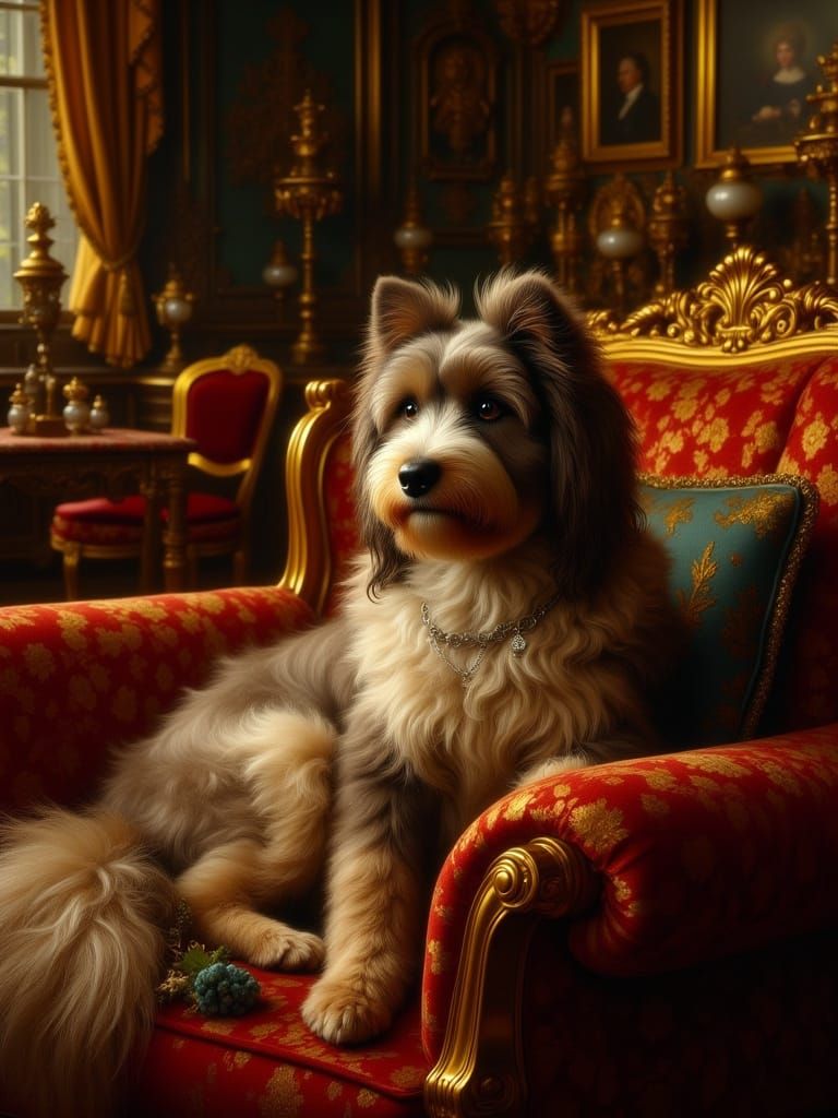 Pampered Dog Lounging in Baroque Opulence