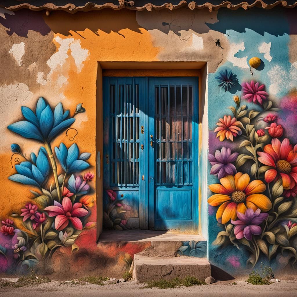 Colorful Graffiti Mural of Casita with Flowers