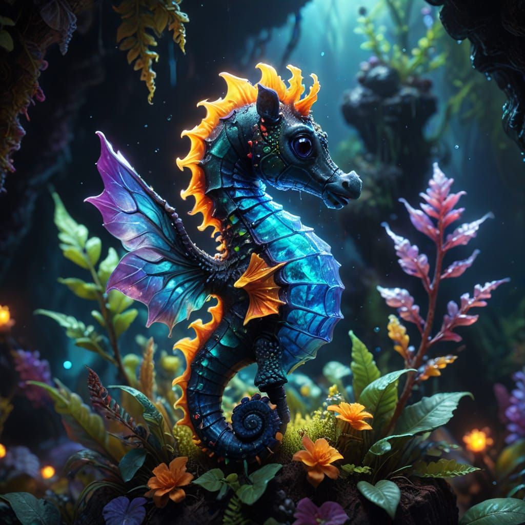 Rainbow Seahorse with Wings in Oil Painting Style