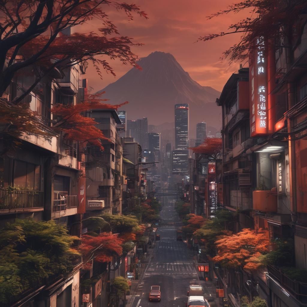 Hyperrealistic Sci-Fi Tokyo Cityscape with Red Sky
