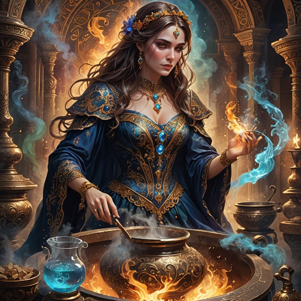 Enchanting Sorceress Brewing Magic Potion, Fantasy Realism