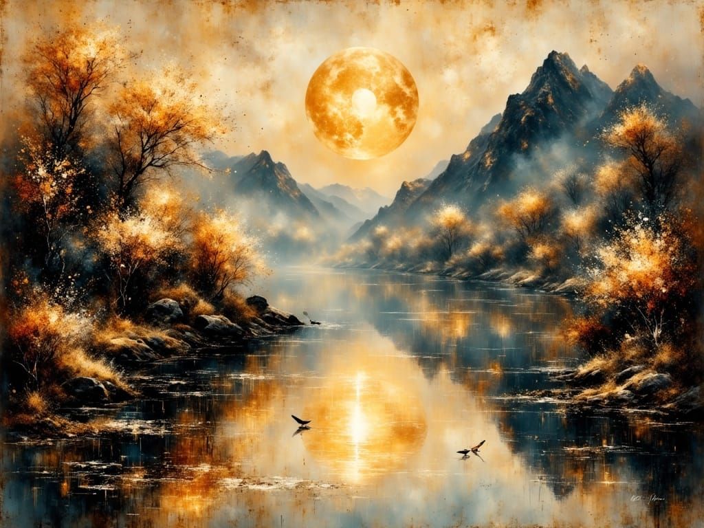 Sumi-e Ink Wash Painting of Golden Moon and Misty Mountains