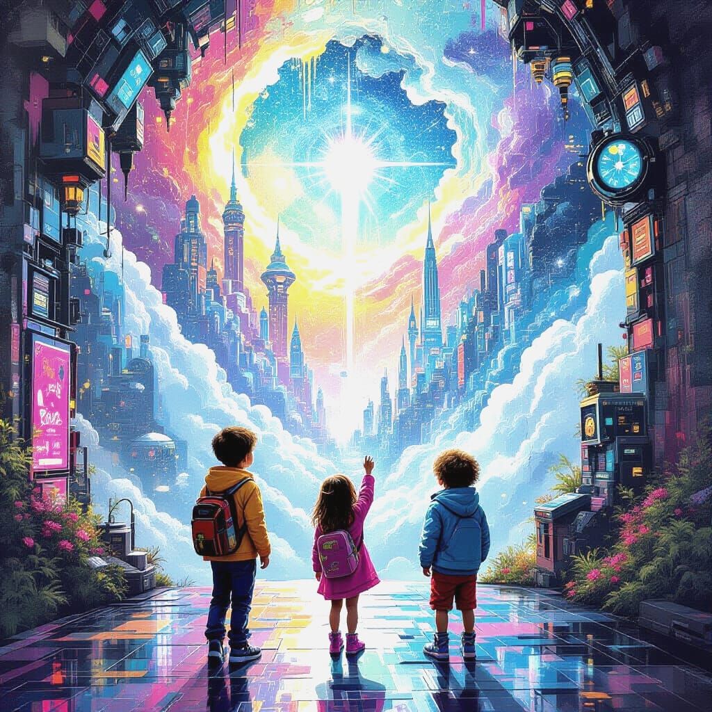 Children in a Vibrant, High-Tech Futuristic Magical Heaven