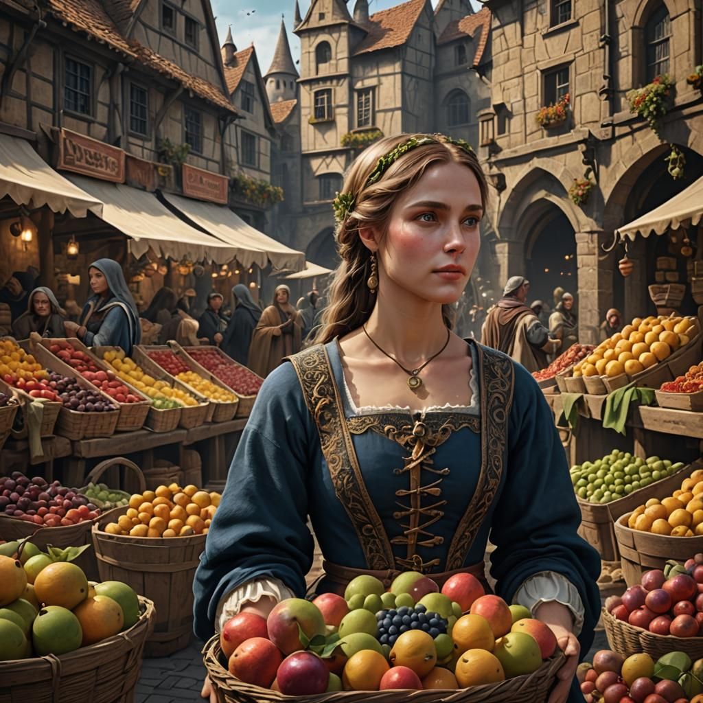 Medieval Fruit Market: Detailed Matte Painting