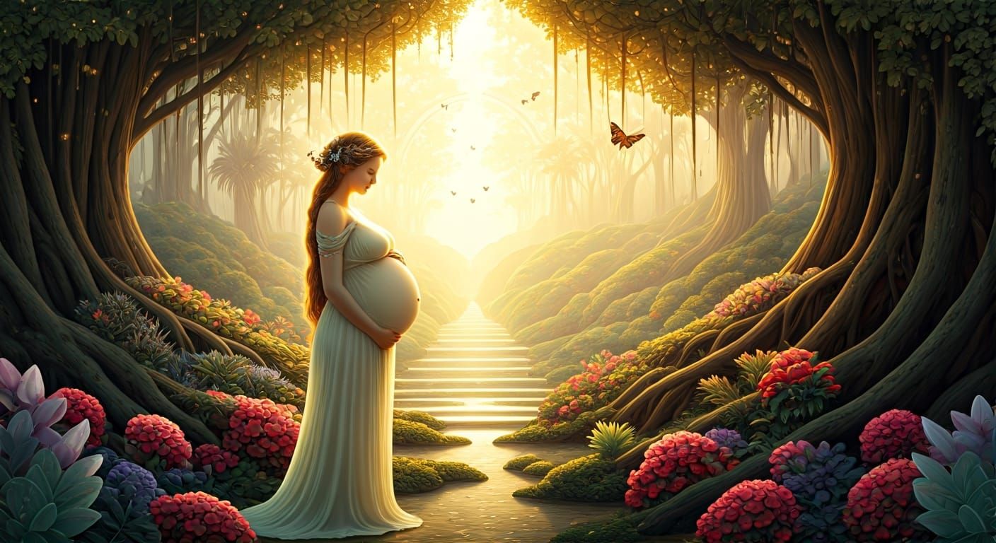 Radiant Pregnant Goddess in Ethereal Garden